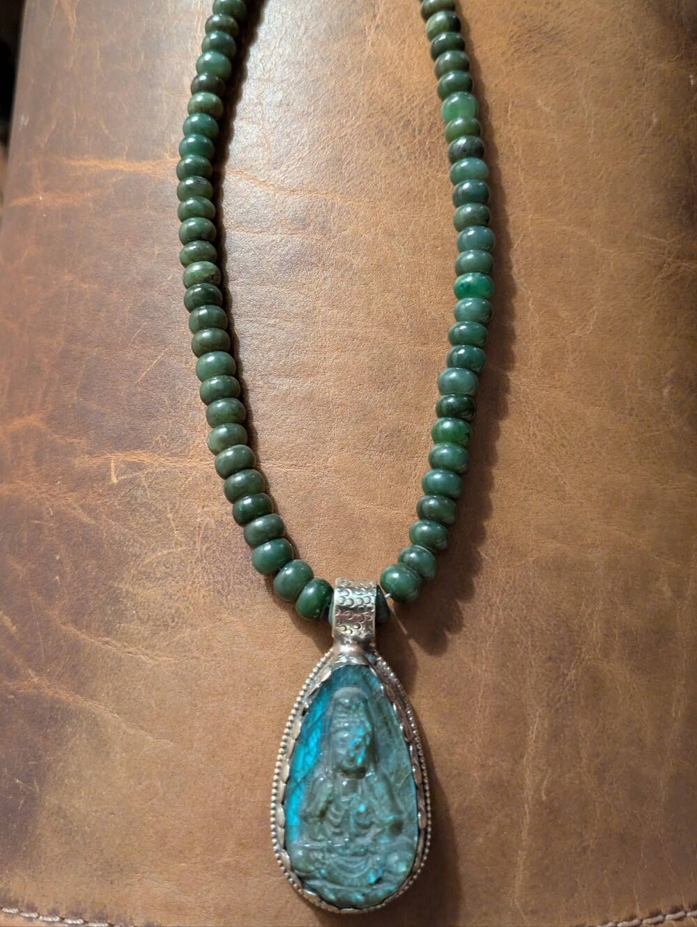 SALE! Genuine Jade Beaded Necklace With Labradorite Pendant